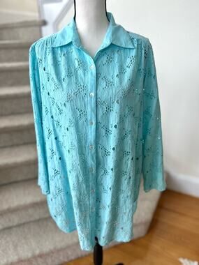 Amita Naithani Aqua Blue Floral Lace Button Down Shirt Swim Cover Up